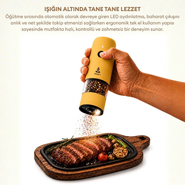 Pizen Windmill Şarjlı Otomatik Baharat Öğütücü LED Işıklı Sarı Tuz Karabiber Elektrikli Baharat Değirmeni
