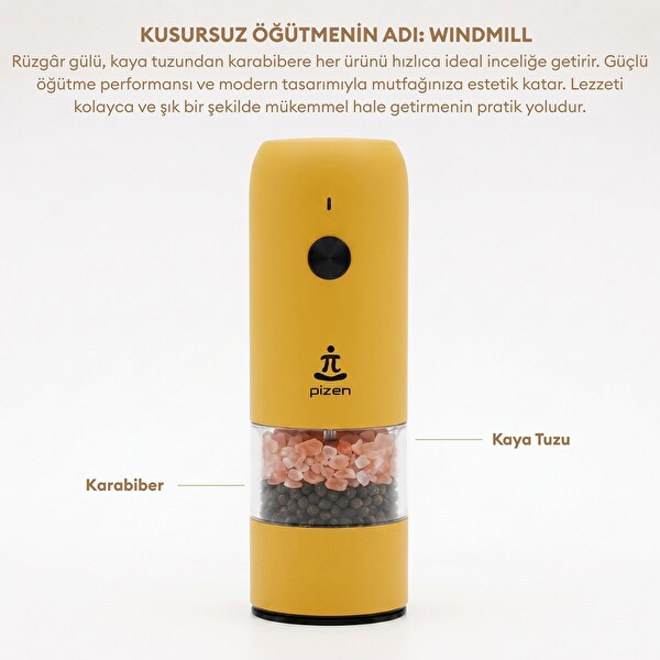 Pizen Windmill Şarjlı Otomatik Baharat Öğütücü LED Işıklı Sarı Tuz Karabiber Elektrikli Baharat Değirmeni