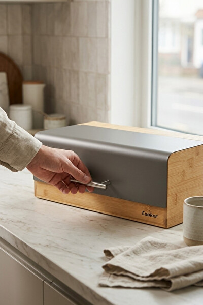 Cooker Viona Metal Kapaklı Bambu Gri Ekmek Kutusu CKR4540