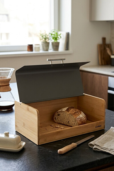 Cooker Viona Metal Kapaklı Bambu Gri Ekmek Kutusu CKR4540