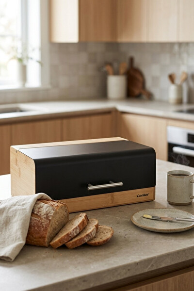 Cooker Viona Metal Kapaklı Bambu Siyah Ekmek Kutusu CKR4540
