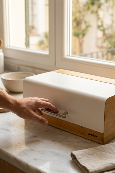 Cooker Viona Metal Kapaklı Bambu Beyaz Ekmek Kutusu CKR4540