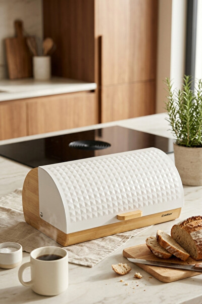 Cooker Lunora Metal Kapaklı Bambu Beyaz Ekmek Kutusu CKR4539