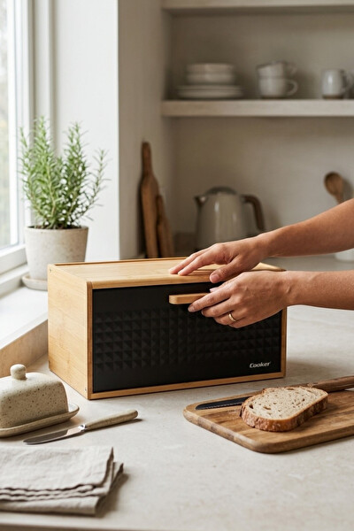 Cooker Valenza Metal Kapaklı Bambu Siyah Ekmek Kutusu CKR4541