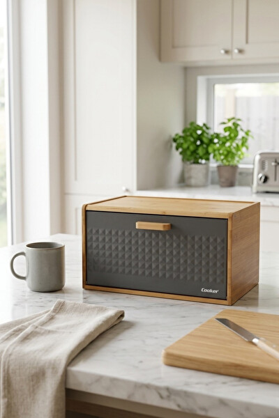 Cooker Valenza Metal Kapaklı Bambu Gri Ekmek Kutusu CKR4541