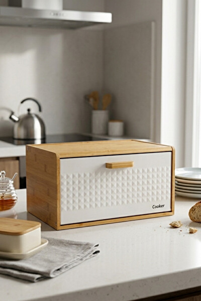 Cooker Valenza Metal Kapaklı Bambu Beyaz Ekmek Kutusu CKR4541
