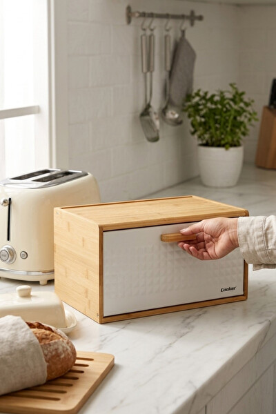 Cooker Valenza Metal Kapaklı Bambu Beyaz Ekmek Kutusu CKR4541