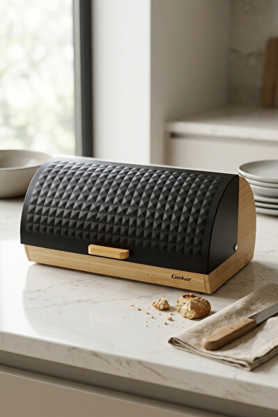 Cooker Lunora Metal Kapaklı Bambu Siyah Ekmek Kutusu CKR4539