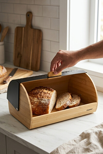 Cooker Lunora Metal Kapaklı Bambu Siyah Ekmek Kutusu CKR4539