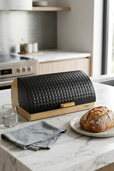 Cooker Lunora Metal Kapaklı Bambu Siyah Ekmek Kutusu CKR4539