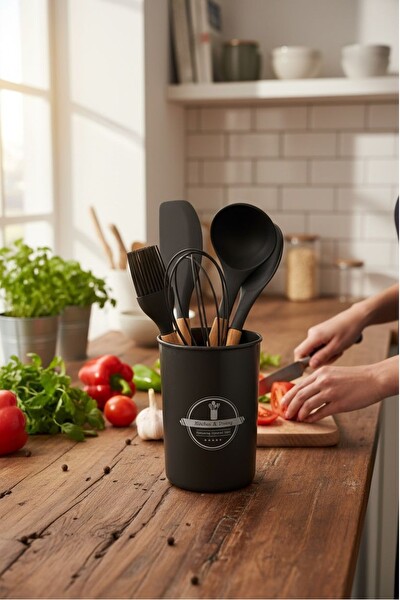 Elegant 5 Parça Silikon Kaşıklık Standlı Servis Seti Siyah