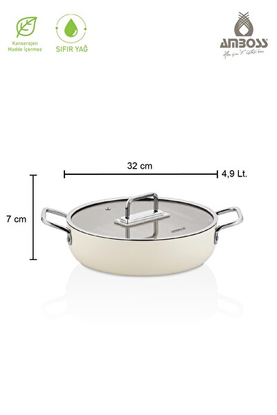 Amboss Sera Nova Doğal Seramik Basık Tencere 32 CM 4.9 Litre Latte