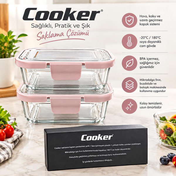 Cooker CKR3487 Pembe 2 Adet Cam Saklama Kabı 640 ML