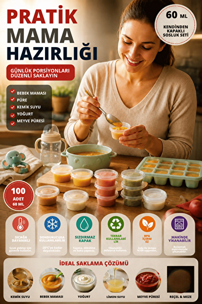 Mithra Life 60 ML Sızdırmaz Mini Saklama Kabı Sosluk Buzluk Kabı 100 Adet MIT1366