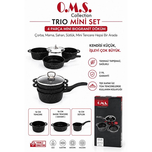 OMS Trio Mini Biogranit Döküm Tencere Seti Siyah 3741