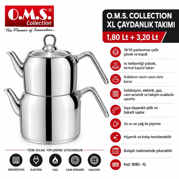 OMS 8080 XL Maxi Boy Silindir Model Paslanmaz Çelik Çaydanlık Gümüş