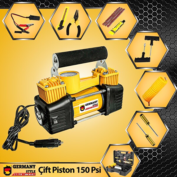 Germany Style Çift Pistonlu 12 V 150 PSI Dakikada 85 L Araç Araba Lastik Bot Şişirme Kompresörü Lastik ve Tamir Kiti