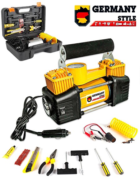 Germany Style Çift Pistonlu 12 V 150 PSI Dakikada 85 L Araç Araba Lastik Bot Şişirme Kompresörü Lastik ve Tamir Kiti