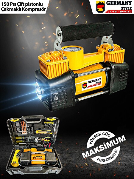 Germany Style Çift Pistonlu 12 V 150 PSI Dakikada 85 L Araç Araba Lastik Bot Şişirme Kompresörü Lastik ve Tamir Kiti