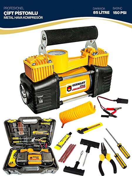 Germany Style Çift Pistonlu 12 V 150 PSI Dakikada 85 L Araç Araba Lastik Bot Şişirme Kompresörü Lastik ve Tamir Kiti