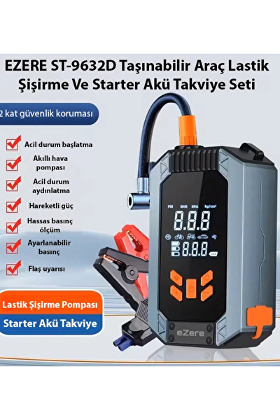 Ezere ST-9632D Taşınabilir Araç Lastik Şişirme Ve Starter Akü Takviye Seti