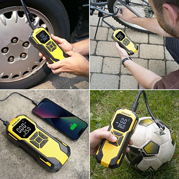 Stanley SXIF0101 12V / Şarjlı Li-ion 150 PSI Dijital Göstergeli Akıllı Lastik Şişirme Pompası+Powerbank+SOS+Led Lamba