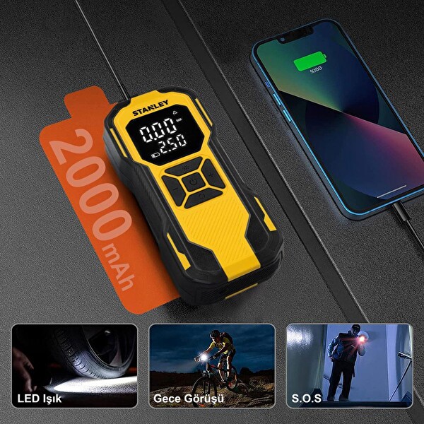 Stanley SXIF0101 12V / Şarjlı Li-ion 150 PSI Dijital Göstergeli Akıllı Lastik Şişirme Pompası+Powerbank+SOS+Led Lamba