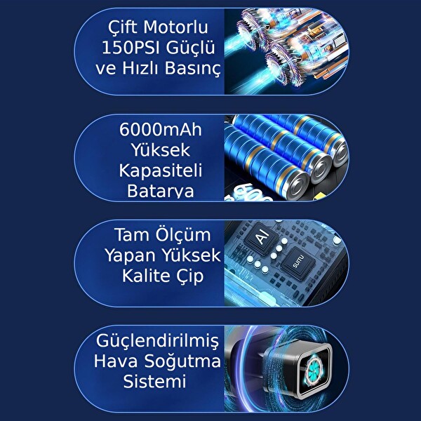 Valkyrie 150PSI 6000mAh Şarjlı Araba Top Bisiklet Hava Pompası LED Akıllı Powerbank