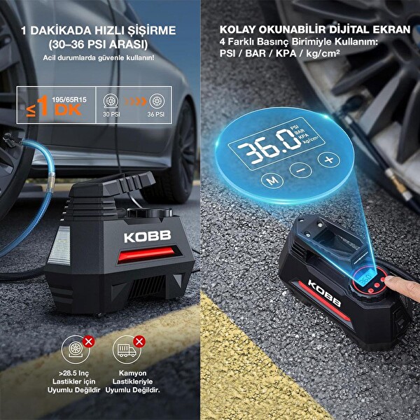 Kobb KB180 12 Volt 150 PSI Ayarlanabilir Dijital Basınç Göstergeli Lastik Şişirme Pompası