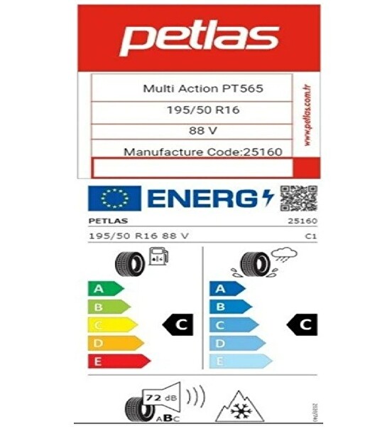 Petlas 195/50 R16 TL 88V Reinf. Multi Action PT565 Dört Mevsim Oto Lastiği - Üretim Tarihi : 2025