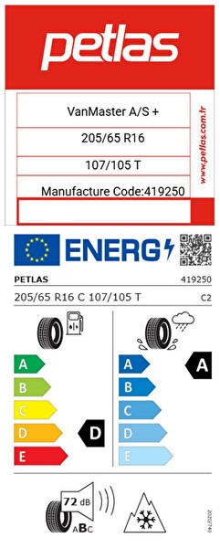 Petlas 205/65 R16 C TL 107/105T 8PR Vanmaster + A/S Dört Mevsim Kamyonet Lastiği - Üretim Tarihi : 2025