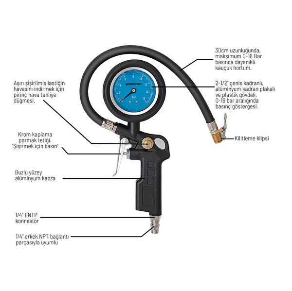 Workpro WP314063 16Bar Yağlı Basınç Göstergeli Profesyonel Havalı Lastik Şişirme Tabancası