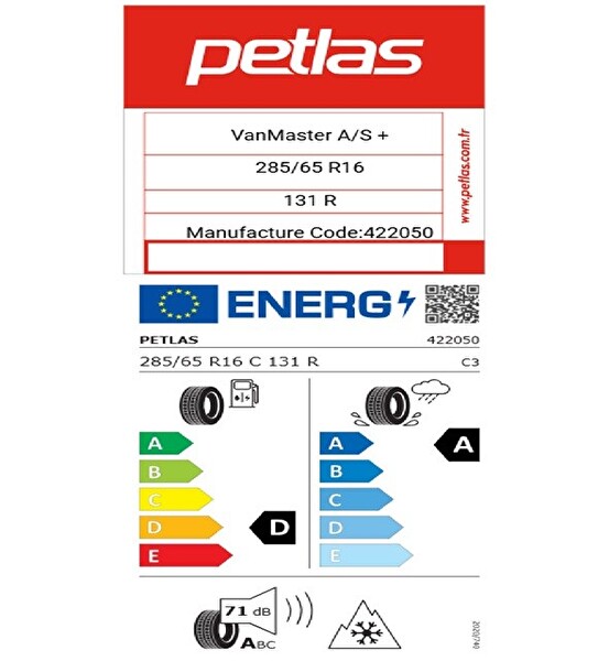 Petlas 285/65 R16 C TL 131R 12PR VanMaster A/S + Kamyonet Dört Mevsim Lastiği - Üretim Tarihi : 2025
