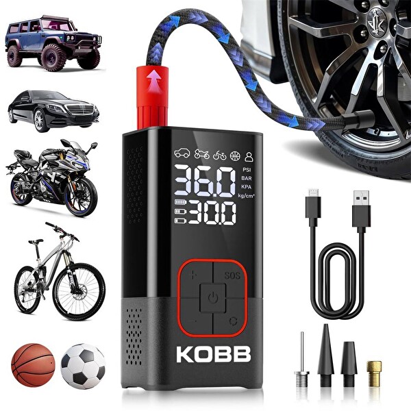 Kobb KB412 Li-ion Şarjlı 150 PSI Dijital Göstergeli Akıllı Lastik Şişirme Pompası+ Powerbank - SOS - Led Lamba