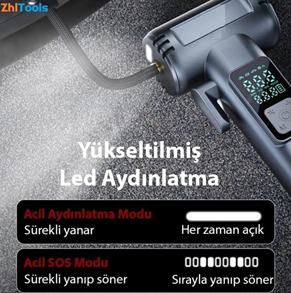 ZHL Tools ST-5530 Dijital Şarjlı Araç Lastik Şişirme Pompası - Powerbank - Penere Kırıcı