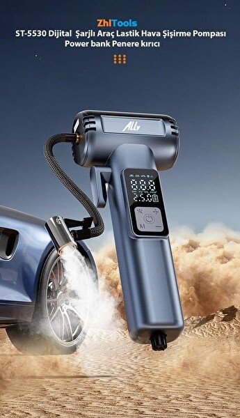 ZHL Tools ST-5530 Dijital Şarjlı Araç Lastik Şişirme Pompası - Powerbank - Penere Kırıcı