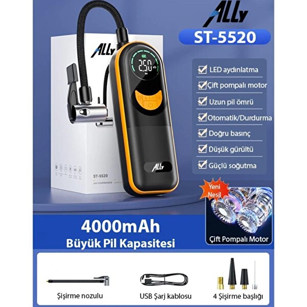 Ally ST-5520 Dijital Basınç Göstergeli Oto Lastik Şişirme Pompası Hava Kompresörü