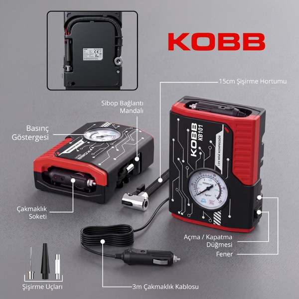 Kobb KB101 12Volt 100 PSI Analog Göstergeli Lastik Şişirme Hava Pompası