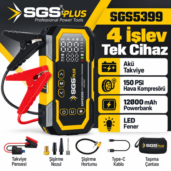 SGS 5399 16.8 V 12000 mAh 4'ü 1 Arada Dijital Hava Kompresörü ve Akü Takviye Cihazı 150 PSI