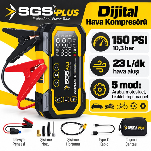 SGS 5399 16.8 V 12000 mAh 4'ü 1 Arada Dijital Hava Kompresörü ve Akü Takviye Cihazı 150 PSI