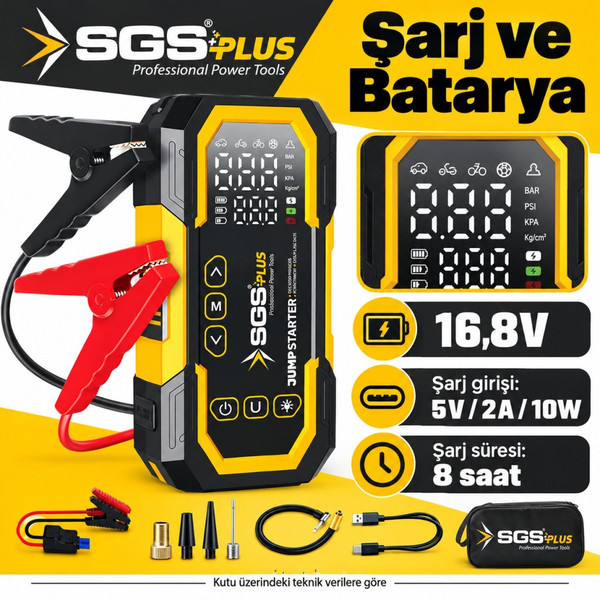 SGS 5399 16.8 V 12000 mAh 4'ü 1 Arada Dijital Hava Kompresörü ve Akü Takviye Cihazı 150 PSI