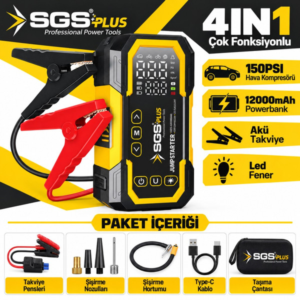 SGS 5399 16.8 V 12000 mAh 4'ü 1 Arada Dijital Hava Kompresörü ve Akü Takviye Cihazı 150 PSI
