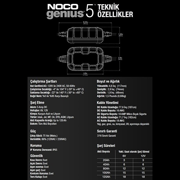 Noco Genius GENIUS5EU 6-12V 5 Amper Lityum Akü Takviye Cihazı - Eva Çanta