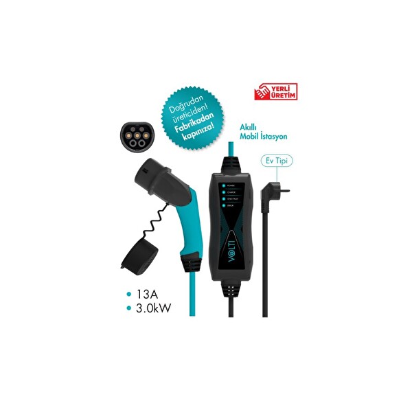 Volti Go Portatif Elektrikli Araç Şarj Cihazı / Tip-2 / 3.0 Kw / 13a / 230v Ac