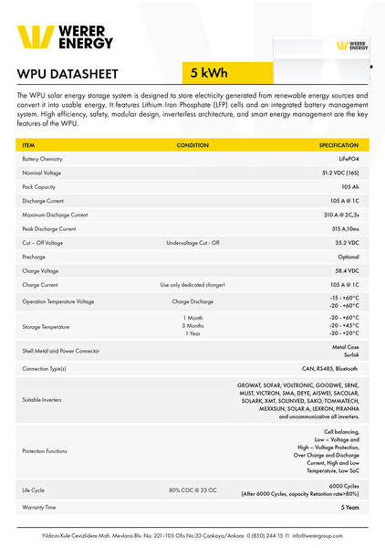 WERER ENERGY 48V 200Ah 10.8kW LiFePO4 WPU Series Bluetooth'lu Lityum Demir Fosfat Akü