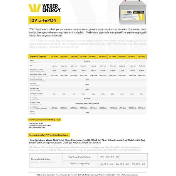 WERER ENERGY 12V 600Ah LiFePO4 Platinum Series Bluetooth'lu Lityum Demir Fosfat Akü
