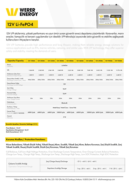 WERER ENERGY 12V 230Ah LiFePO4 Platinum Series Bluetooth'lu Lityum Demir Fosfat Akü