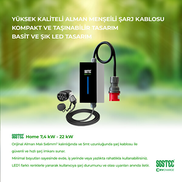 Sgstec Home 7.4kW -11kW - 22kW Type 2 32A 5 Metre Kablolu Taşınabilir Elektrikli Araç Şarj Cihazı