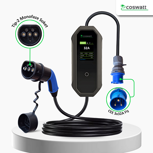 Coswatt Elektrikli Araç Taşınabilir Şarj Cihazı 7 kW / 32A / Tip-2
