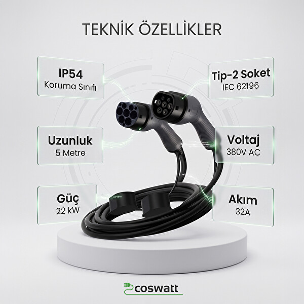Coswatt Elektrikli Araba Tip-2 Şarj Kablosu 22 kW 32A 380V AC 5 Metre Kablo Çantalı